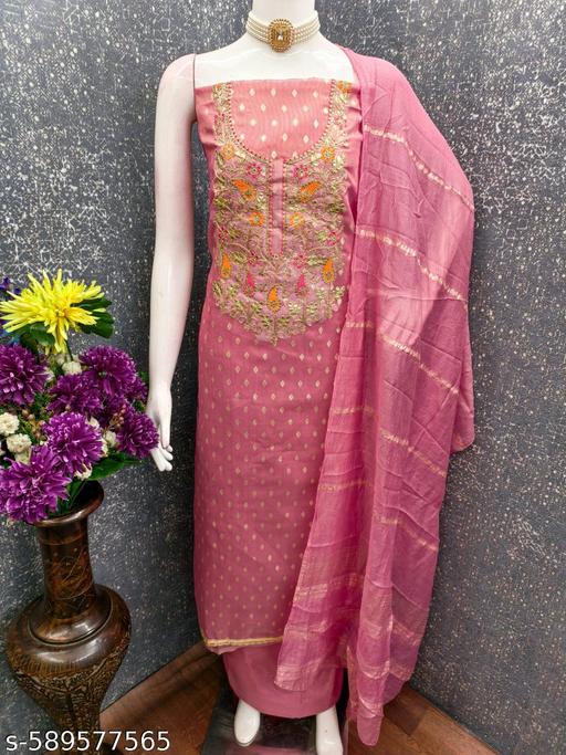 Pink Silk blend fabric dress material for women with coding thread work on dress material | unstiched women dresse - amamestyle