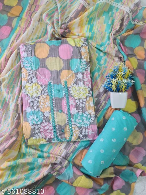 Trendy Printed Unstitched Dress Material with Chikankari Work & Soft Cotton Dupatta - amamestyle