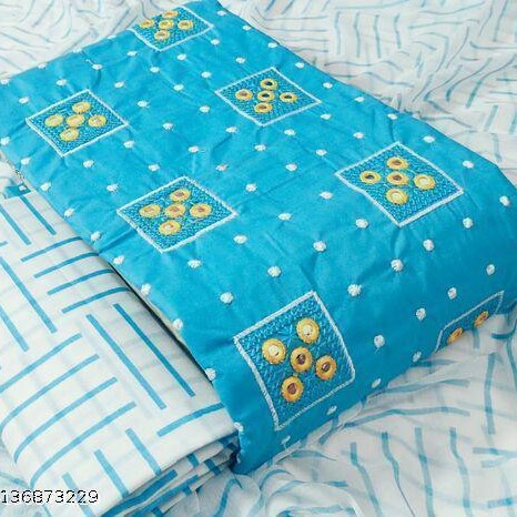 Women's Aqua Blue Geometric Embroidered Cotton Suits & Dress Materials