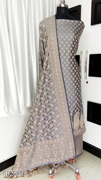 Women's Grey Ethnic Motif Woven Design Banarasi Silk Suits & Dress Materials