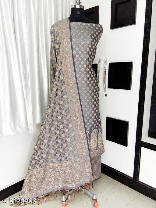 Women's Grey Ethnic Motif Woven Design Banarasi Silk Suits & Dress Materials - amamestyle