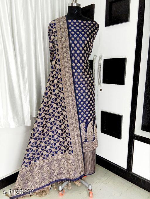 Women's Navy Blue Floral Woven Design Banarasi Silk Suits & Dress Materials - amamestyle