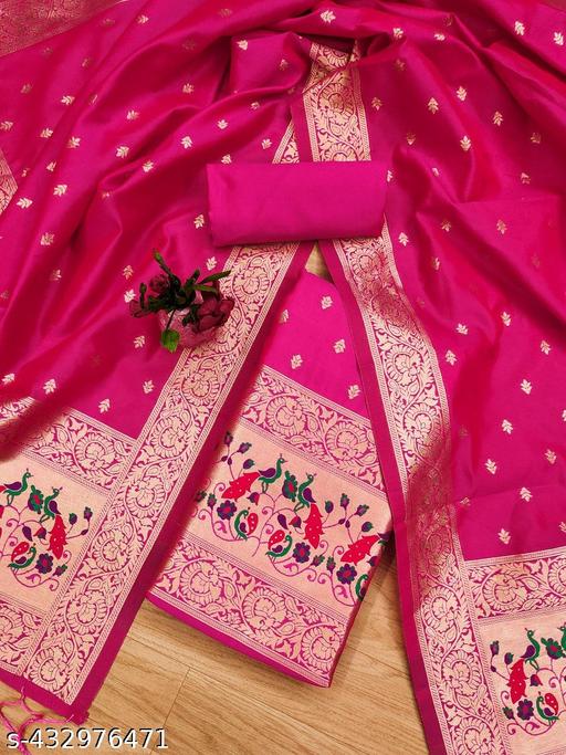 Rani Pink floral woven banarasi silk dress material - amamestyle
