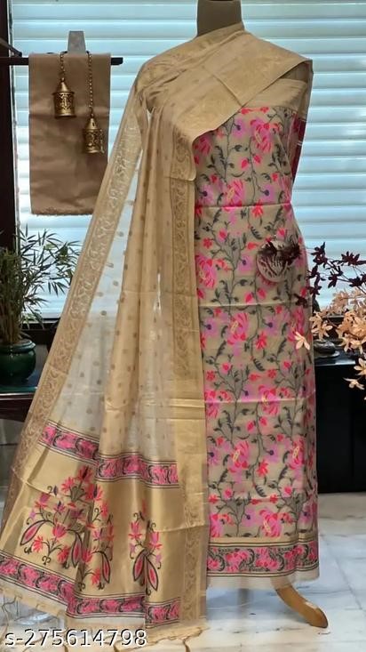 Richlook Collection Trending Pure Heavy Designer Banarasi Cotton Premium Quality Unstitched Salwar Suit & Dress Material for Women with Dupatta, All Over Jacquard Weaving with Cotton and Silk | Suit Fabric With Dupatta | Beige