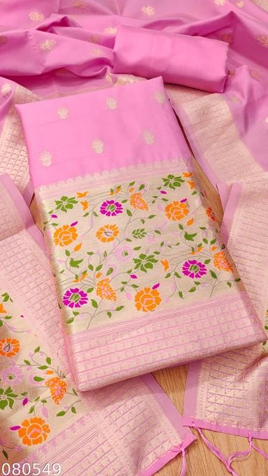 Baby pink zari weaving soft banarasi silk dress material