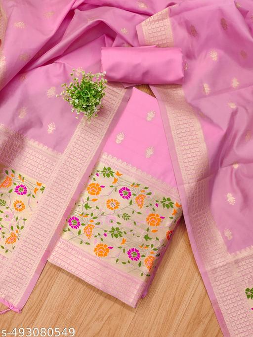 Baby pink zari weaving soft banarasi silk dress material - amamestyle