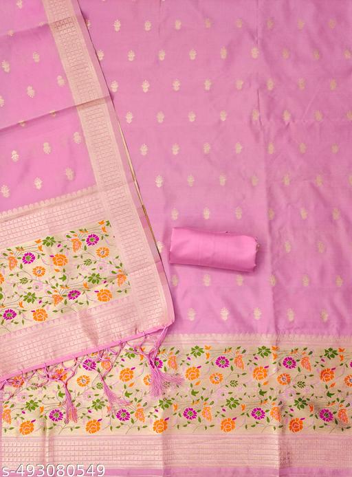 Baby pink zari weaving soft banarasi silk dress material - amamestyle