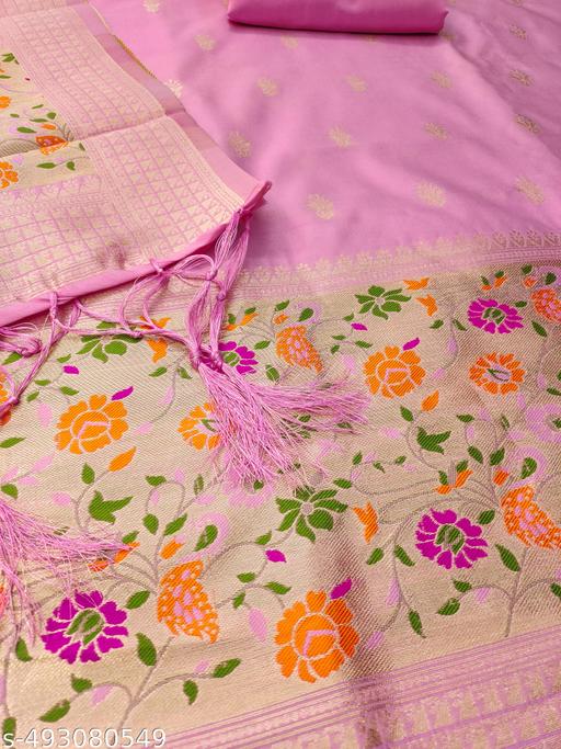 Baby pink zari weaving soft banarasi silk dress material - amamestyle