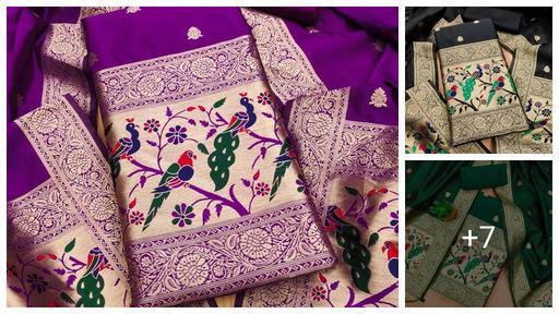 Purple zari weaving soft banarasi silk dress material