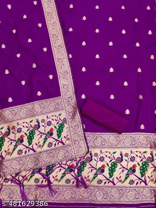 Purple zari weaving soft banarasi silk dress material - amamestyle