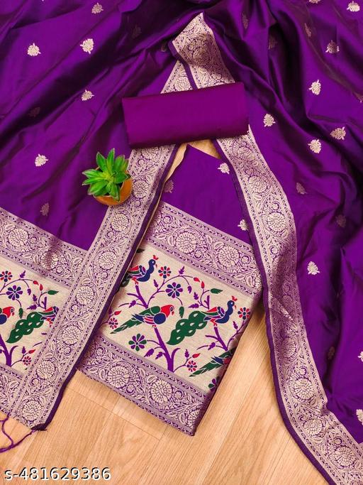 Purple zari weaving soft banarasi silk dress material - amamestyle