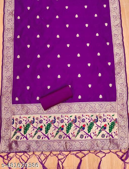 Purple zari weaving soft banarasi silk dress material - amamestyle