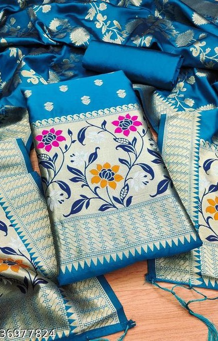 BLUE floral woven banarasi silk dress material