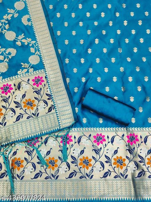 BLUE floral woven banarasi silk dress material - amamestyle