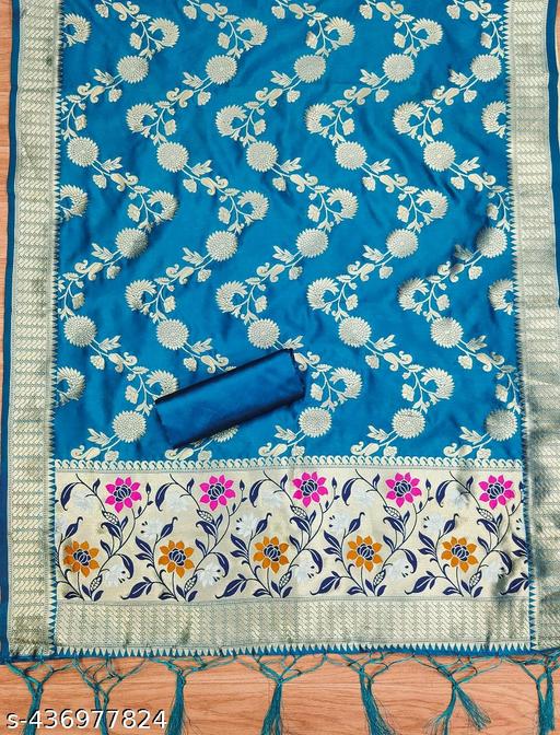 BLUE floral woven banarasi silk dress material - amamestyle