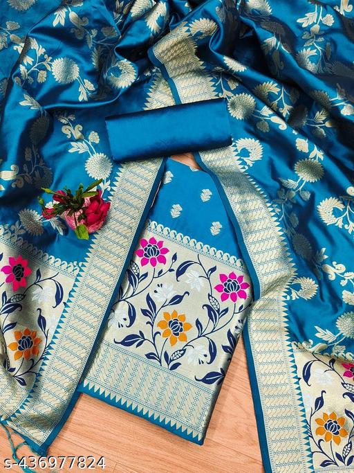 BLUE floral woven banarasi silk dress material - amamestyle