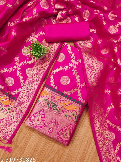 Pink zari weaving soft banarasi silk dress material - amamestyle