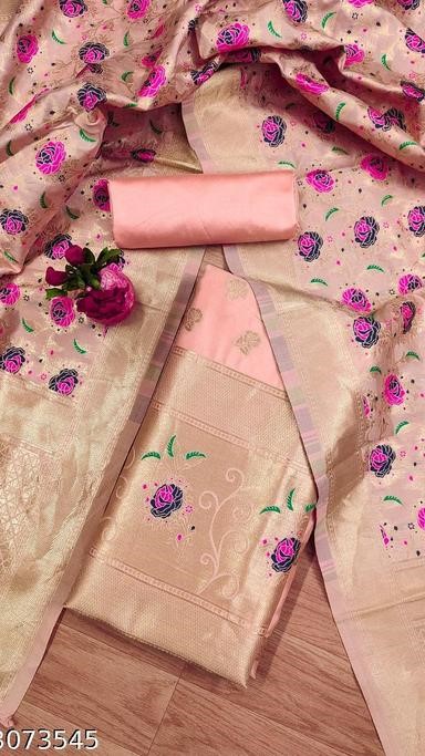 peach floral woven banarasi silk dress material
