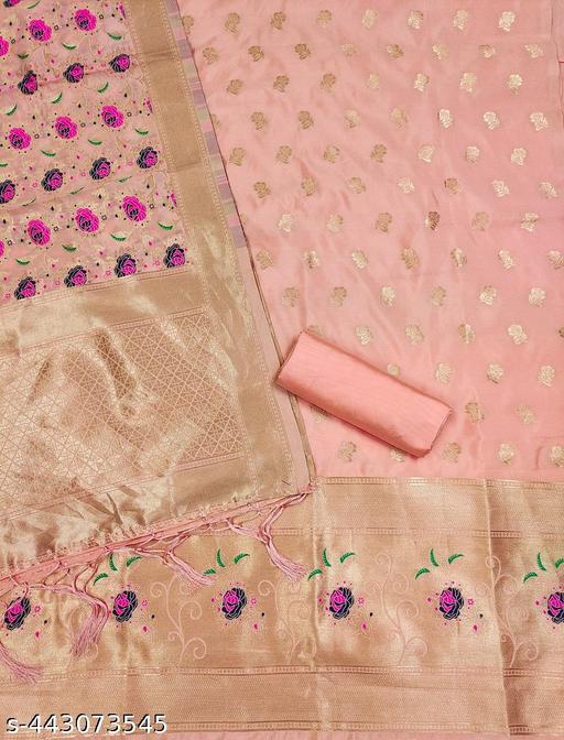 peach floral woven banarasi silk dress material - amamestyle