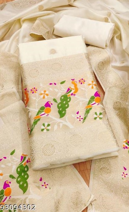 Off white zari weaving soft banarasi silk dress material