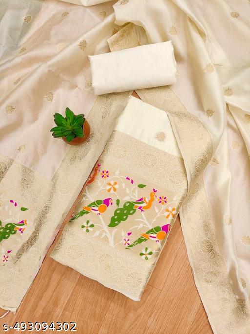 Off white zari weaving soft banarasi silk dress material - amamestyle