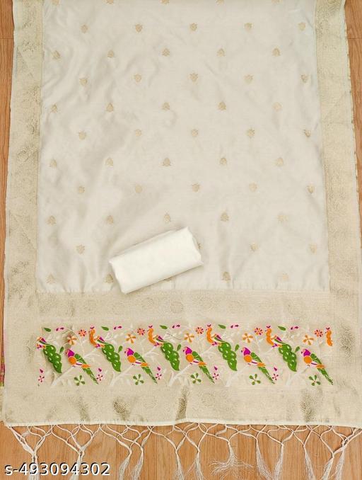 Off white zari weaving soft banarasi silk dress material - amamestyle