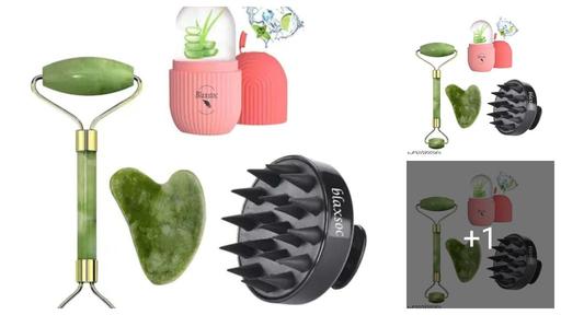 3 PCS COMBO OFFER for Face Stone Jade Roller Massager with Gua Sha Stone | Ice Roller For Face Women Skin | Hair Scalp Massager, Soft Silicone Shampoo Brush for Hair Growth (Black)