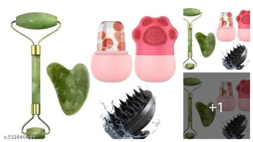 3 PCS COMBO OFFER for Face Stone Jade Roller Massager with Gua Sha Stone | Ice Roller For Face Women Skin | Hair Scalp Massager, Soft Silicone Shampoo Brush for Hair Growth (Black)