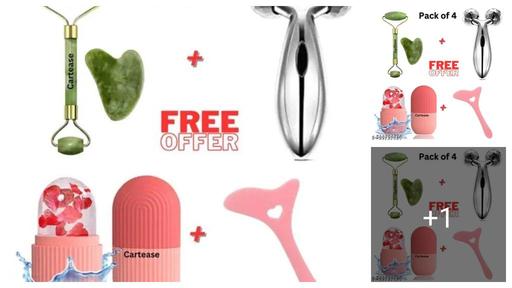 4 PCS COMBO OFFER For Face Stone Roller Massager With Gua Sha Jade Stone, Ice Roller and 3D Massager Roller Set Facial Combo For Skin Eye Body WITH FREE 1 Piece Eye Makeup Tool for Beginners Eyeliner Eyelash Eye-Shadow 