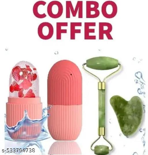 4 PCS COMBO OFFER For Face Stone Roller Massager With Gua Sha Jade Stone, Ice Roller and 3D Massager Roller Set Facial Combo For Skin Eye Body WITH FREE 1 Piece Eye Makeup Tool for Beginners Eyeliner Eyelash Eye-Shadow  - Abnlas Women’s Daily-Use Beauty & Self-Care