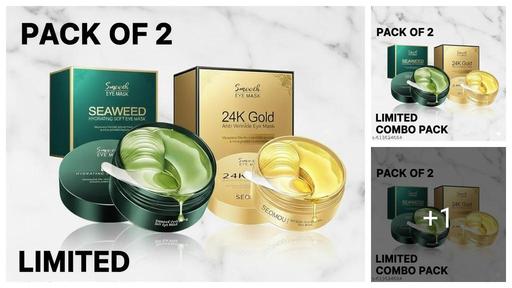 (Pack of 2) 24K Gold Anti-Aging & Seaweed Hydrating Eye Patches for Dark Circles, Wrinkles & Puffiness - Under Eye Patch Set (120 Total Eye Patches)
