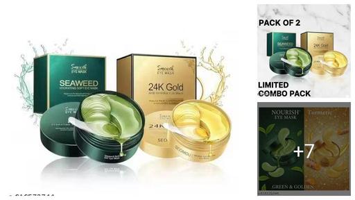 (Pack of 2) Under Eye Patch Combo | Seaweed & 24K Gold Eye patch | Dark Circle Remover | Anti-Wrinkle & Hydrating Gel Pads(120-PATCHES)