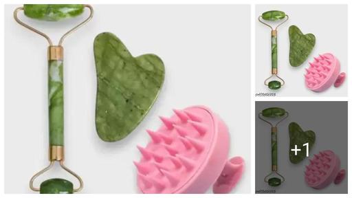 Face Jade Stone Roller Massager with Gua Sha Jade Stone | Hair Scalp Massager Shampoo Brush | Jade Stone Roller + Gua Sha + Shampoo Scalp Brushl