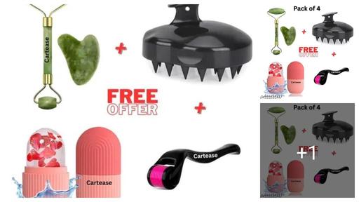 NEW 4 Pcs Combo for Jade Roller & Gua Sha Tool Natural Stone for Face Neck Healing Skin | Scalp Massager Shampoo Brush Ice Face Roller Massager | Ice Roller For Face Women Skin | Derma Roller For Skin And Hair