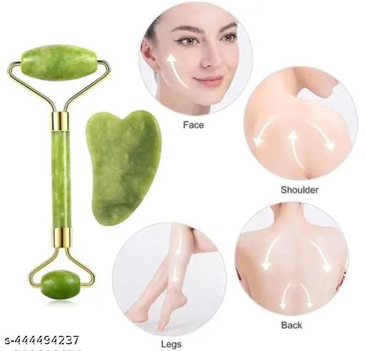 NEW 4 Pcs Combo for Jade Roller & Gua Sha Tool Natural Stone for Face Neck Healing Skin | Scalp Massager Shampoo Brush Ice Face Roller Massager | Ice Roller For Face Women Skin | Derma Roller For Skin And Hair - Abnlas Women’s Daily-Use Beauty & Self-Care