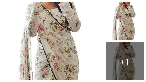 offWhite Flower Printed Georgette  Saree