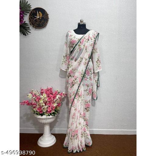 offWhite Flower Printed Georgette  Saree - amamestyle