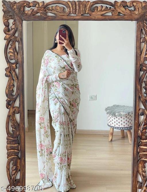 offWhite Flower Printed Georgette  Saree - amamestyle