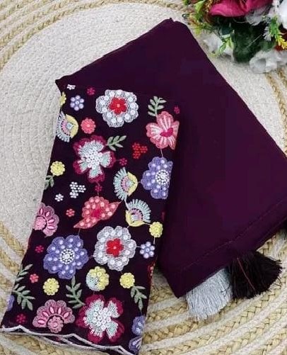 Wine Color Pure Georgette Saree With Emboidery Georgette Blouse