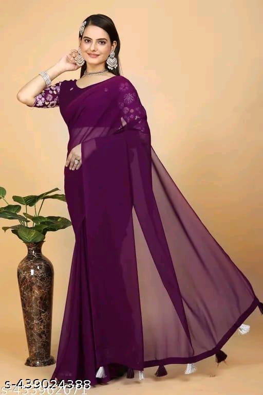Wine Color Pure Georgette Saree With Emboidery Georgette Blouse - amamestyle