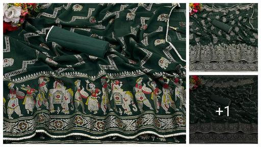 Geometric Elephant Print Georgette Golden Foil Printed Saree With Banglore Silk un-stitched Blouse