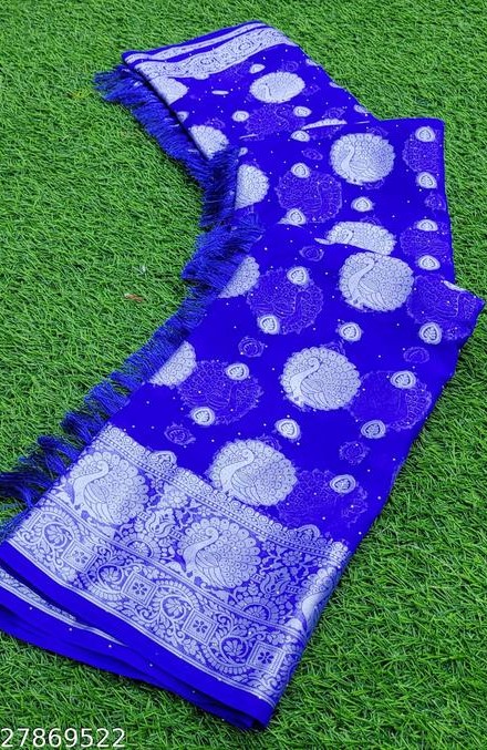 Trendy Georgette Fabric Zari Silk  Woven Jacquard Saree with Svorkshi Work and Tassels and Latkan 