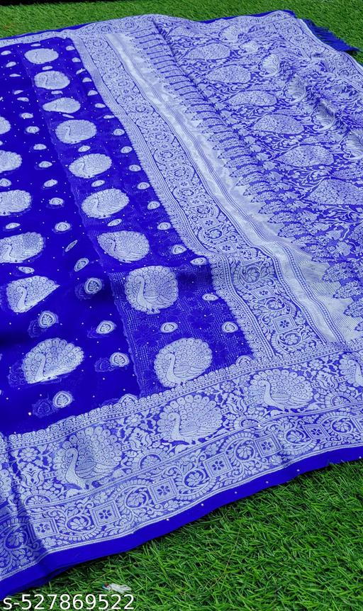 Trendy Georgette Fabric Zari Silk  Woven Jacquard Saree with Svorkshi Work and Tassels and Latkan  - amamestyle