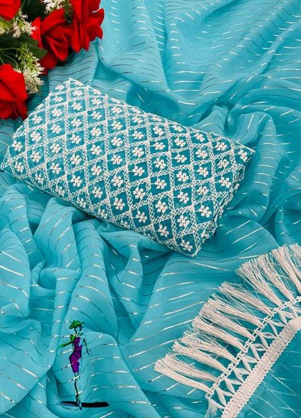 Women'S Pure Georgette Silver Line Foil Print And Zalar Sari With Georgette Embroidered Work Solid Blouse