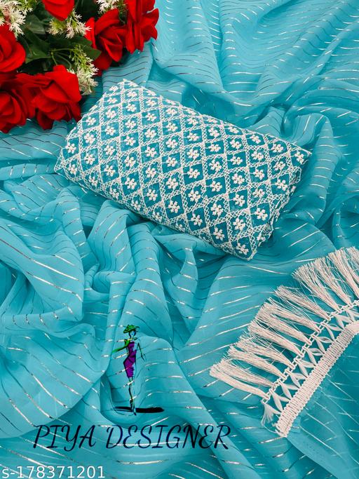 Women'S Pure Georgette Silver Line Foil Print And Zalar Sari With Georgette Embroidered Work Solid Blouse - amamestyle