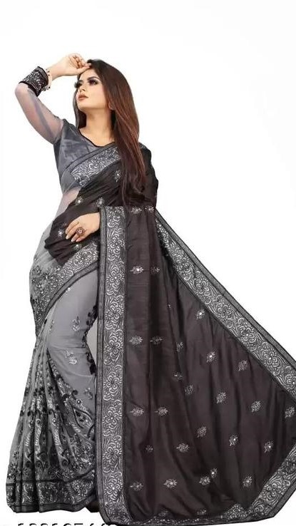 Embroidered Fashion Georgette Saree  (Black,Grey)