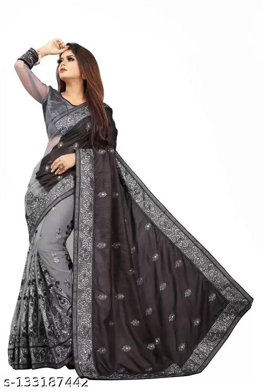 Embroidered Fashion Georgette Saree  (Black,Grey) - amamestyle