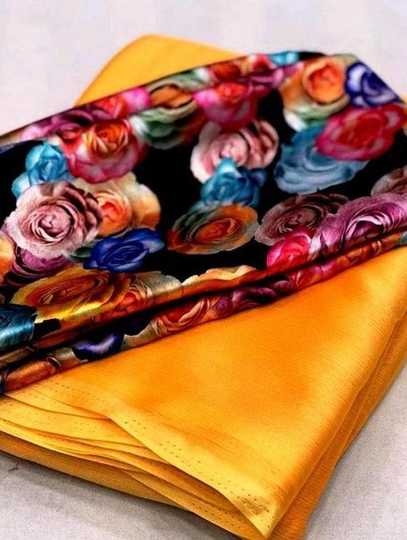 Heavy shiffon plen saree with digital printed blouse saree for women