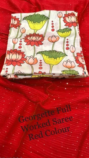 Georgette Squence Full Worked Saree With Digital Print Blouse !