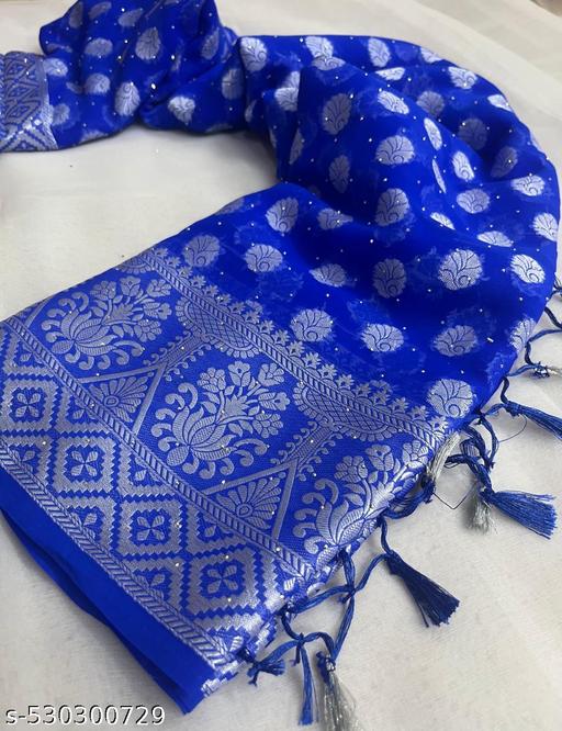 Silver Stone (saree with stone and jallar) - beautiful saree / saree with blouse / saree with stone / blue saree / saree with flower / sarre / saree with stone and jallar / silver stone. - amamestyle